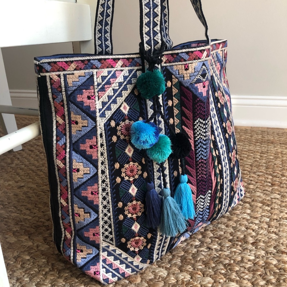 New: Johnny Was Embroidered Tote with Pom Tassels - Picture 4 of 14